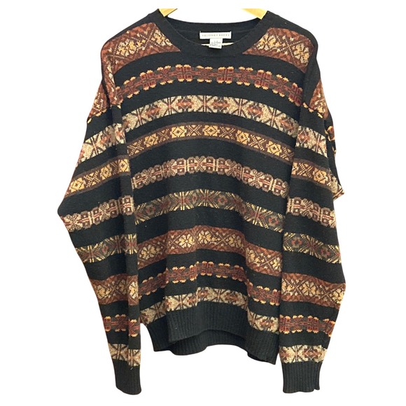 Geoffrey Beene 90s Lambswool Fair Isle Knit Grandpa Sweater Large Brown Black - Picture 1 of 6